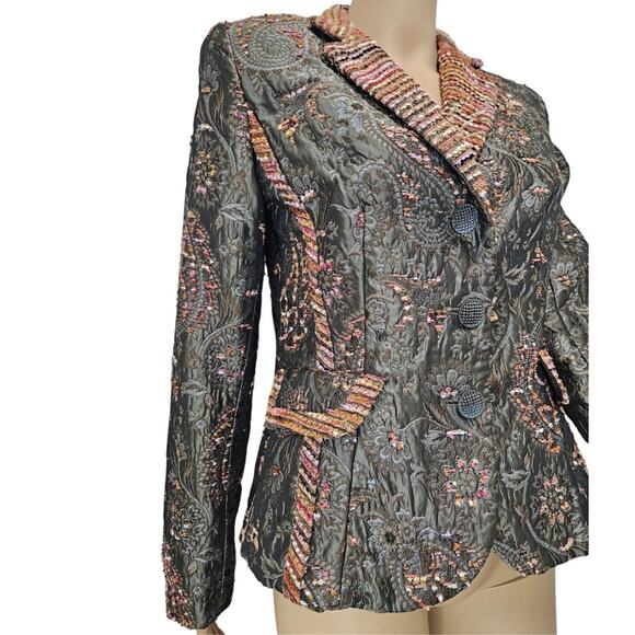 90s Vintage Fitted Embroidered Floral Striped Tapestry Zelda Blazer Size 6P - Picture 5 of 8